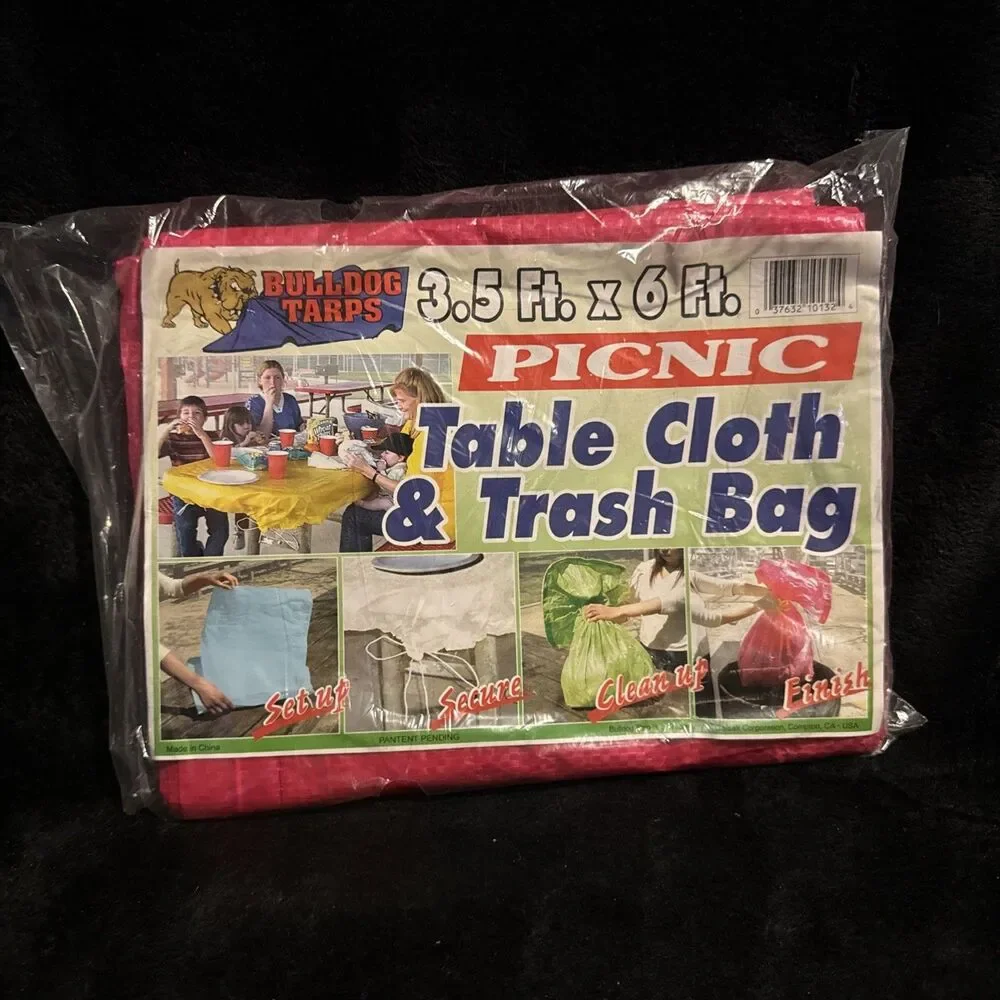 Vintage 2005 Bulldog Tarps Camping Picnic Tablecloth & Trash Bag Picnic Pink Red